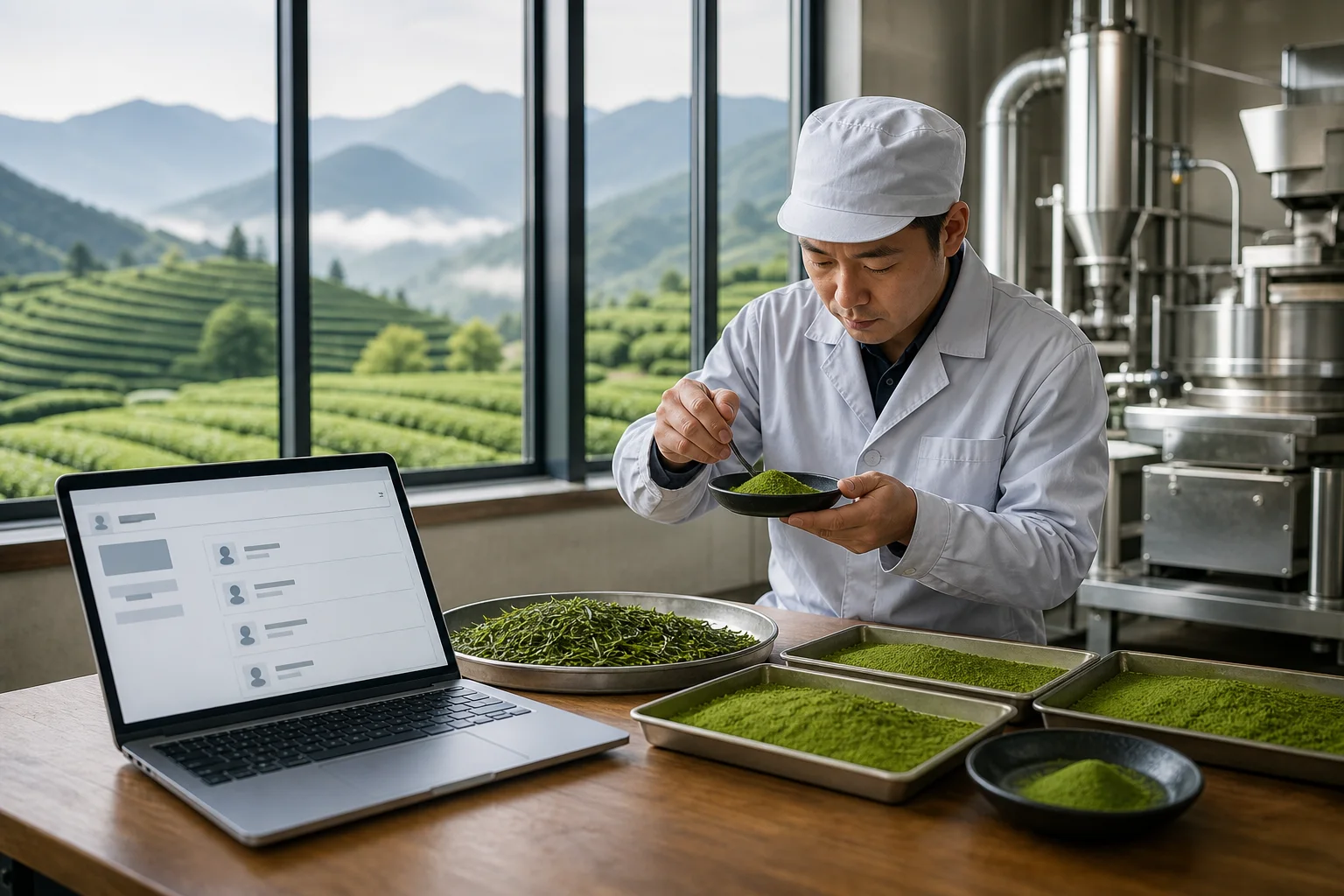 中国抹茶加工人员在查看抹茶样品,旁边电脑上的海外职业平台搜索结果却很有限。